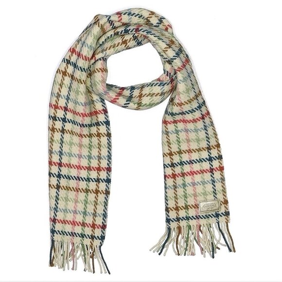 COACH Wool Cashmere Check Pattern Neck Muffler Scarf Self Fringed 9.5" x 65" - Picture 5 of 10
